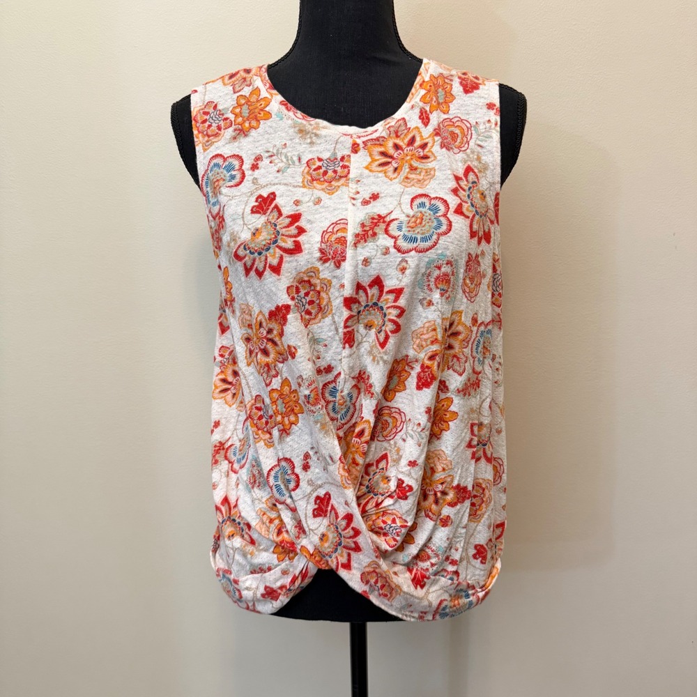 J. Jill 100% Linen Floral Twist Front Sleeveless Top Orange Womens M Boho Retro